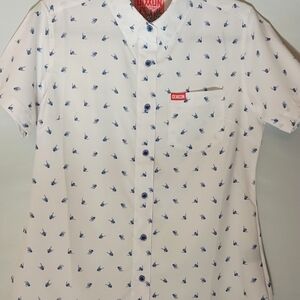 NWOT Dixxon White Short-Sleeve Shirt with Navy Motif